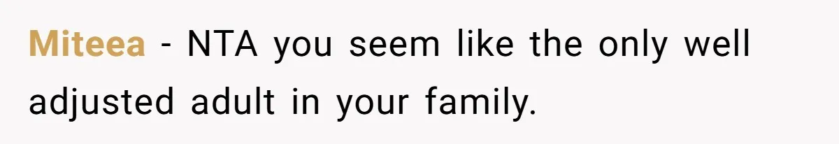 Miteea − NTA you seem like the only well adjusted adult in your family.