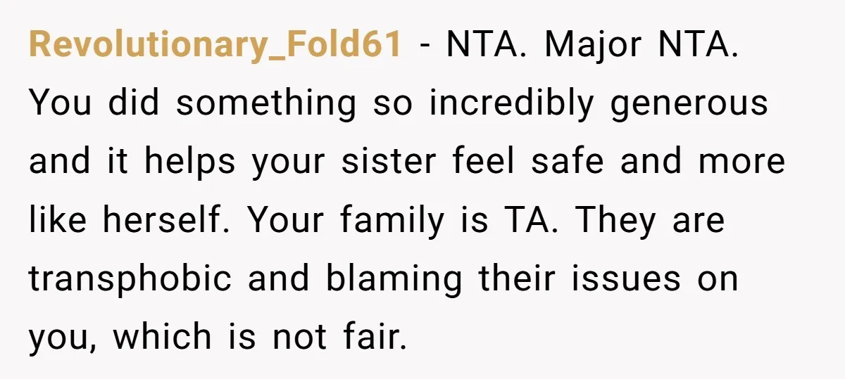 Revolutionary_Fold61 − NTA. Major NTA. You did something so incredibly generous and it helps your sister feel safe and more like herself. Your family is TA. They are transphobic and...