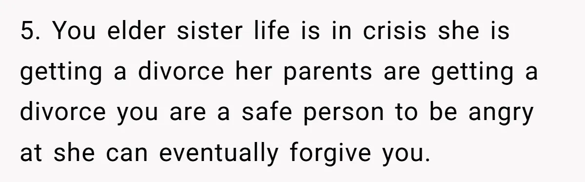 5. You elder sister life is in crisis she is getting a divorce her parents are getting a divorce you are a safe person to be angry at she can...