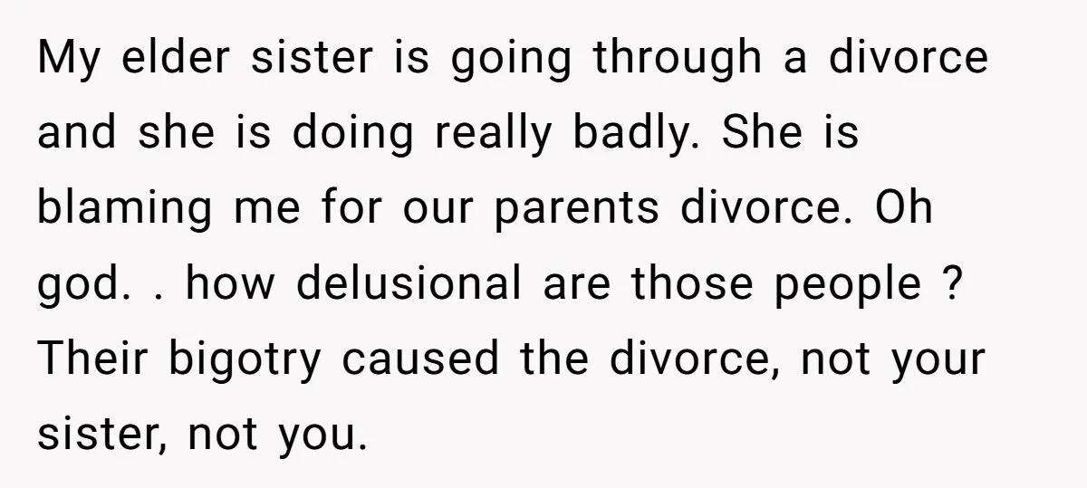 My elder sister is going through a divorce and she is doing really badly. She is blaming me for our parents divorce. Oh god. . how delusional are those people...