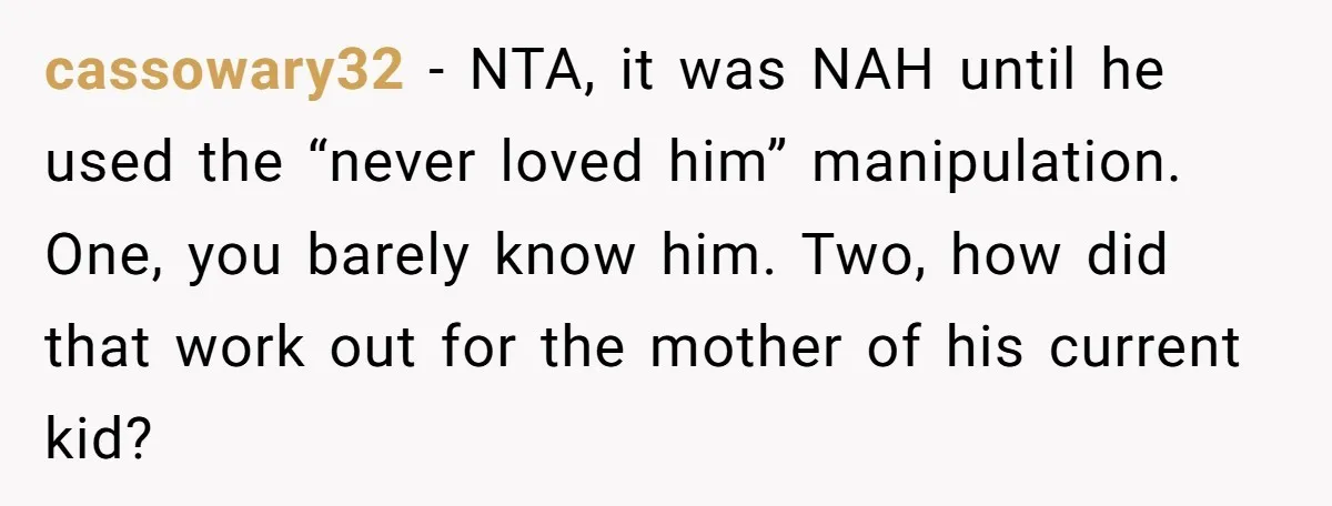 cassowary32 − NTA, it was NAH until he used the “never loved him” manipulation. One, you barely know him. Two, how did that work out for the mother of his...