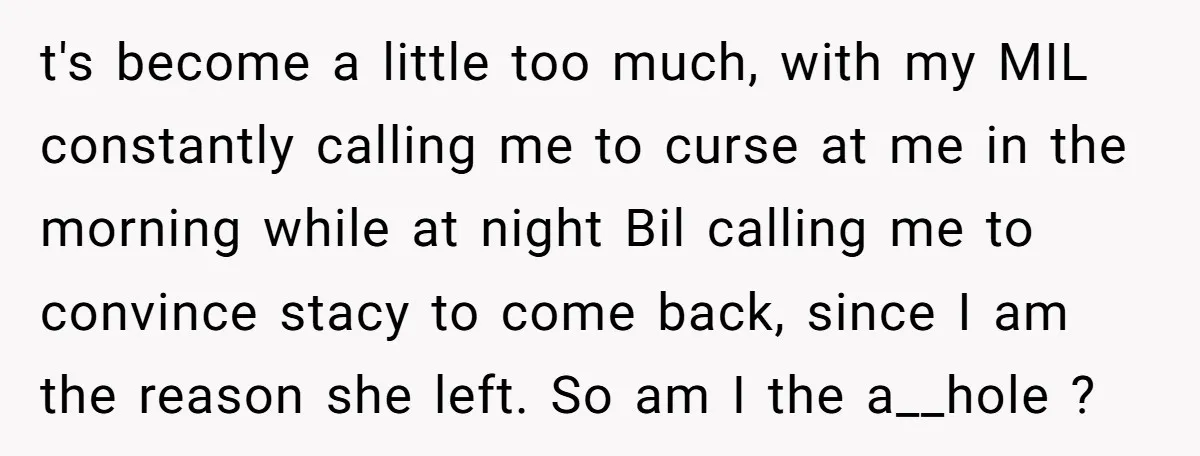 t's become a little too much, with my MIL constantly calling me to curse at me in the morning while at night Bil calling me to convince stacy to come...