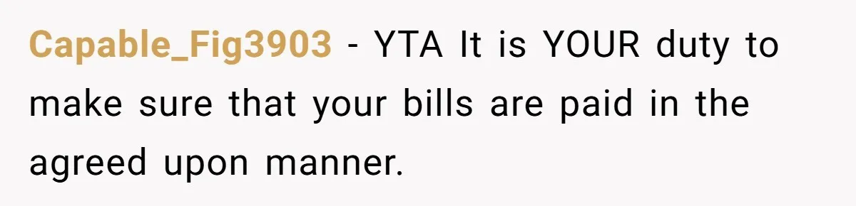 Capable_Fig3903 − YTA It is YOUR duty to make sure that your bills are paid in the agreed upon manner.