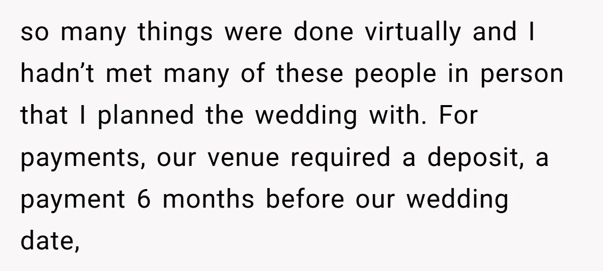 so many things were done virtually and I hadn’t met many of these people in person that I planned the wedding with. For payments, our venue required a deposit, a...