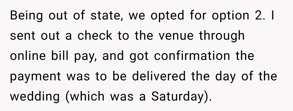Being out of state, we opted for option 2. I sent out a check to the venue through online bill pay, and got confirmation the payment was to be delivered...