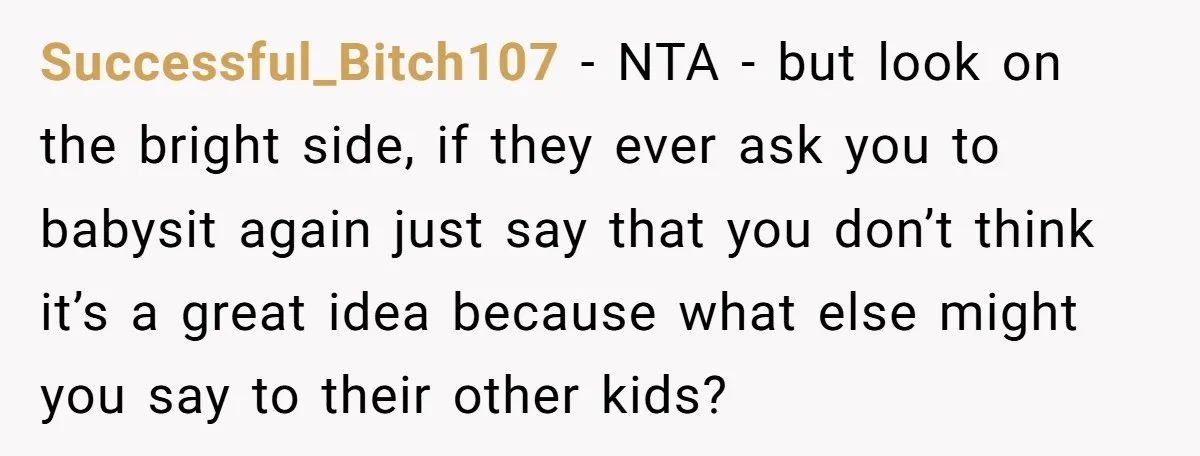 Successful_Bitch107 − NTA - but look on the bright side, if they ever ask you to babysit again just say that you don’t think it’s a great idea because what...