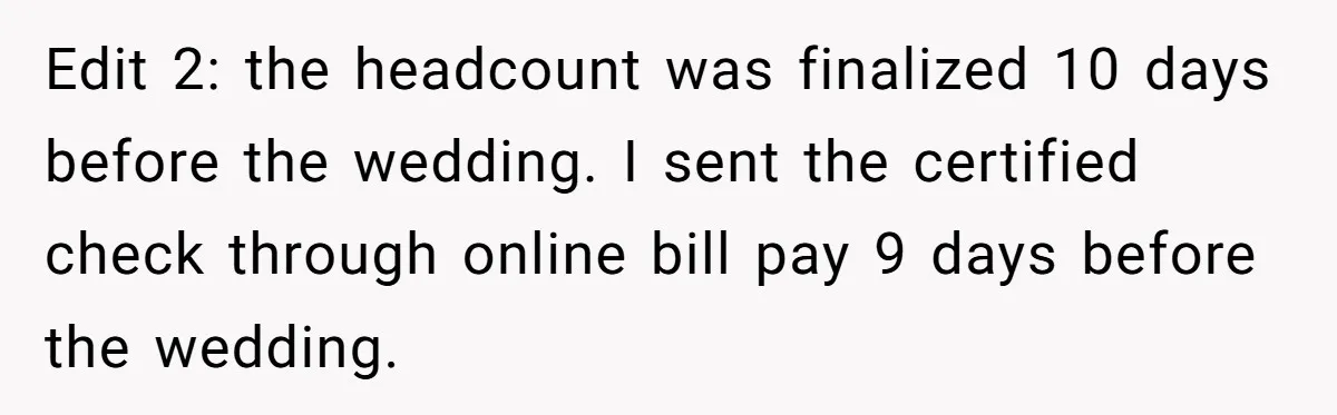 Edit 2: the headcount was finalized 10 days before the wedding. I sent the certified check through online bill pay 9 days before the wedding.