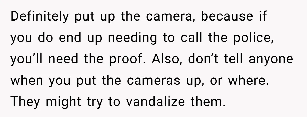 Definitely put up the camera, because if you do end up needing to call the police, you’ll need the proof. Also, don’t tell anyone when you put the cameras up,...