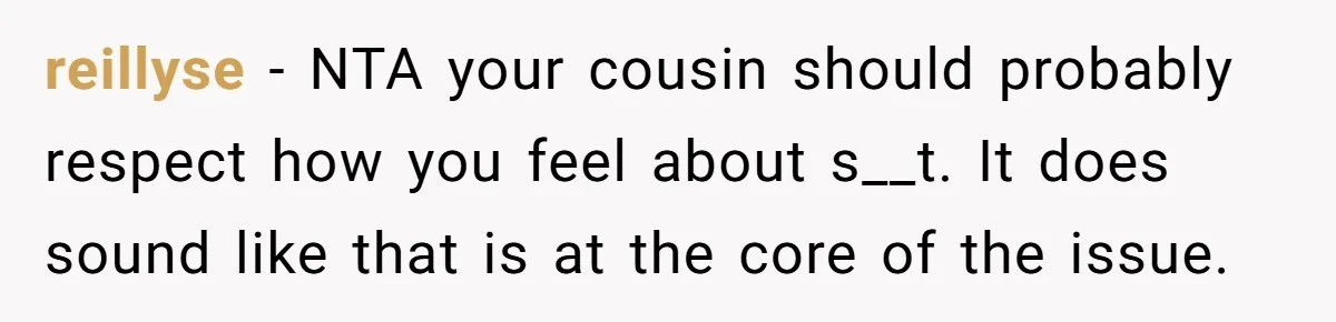 reillyse − NTA your cousin should probably respect how you feel about s__t. It does sound like that is at the core of the issue.