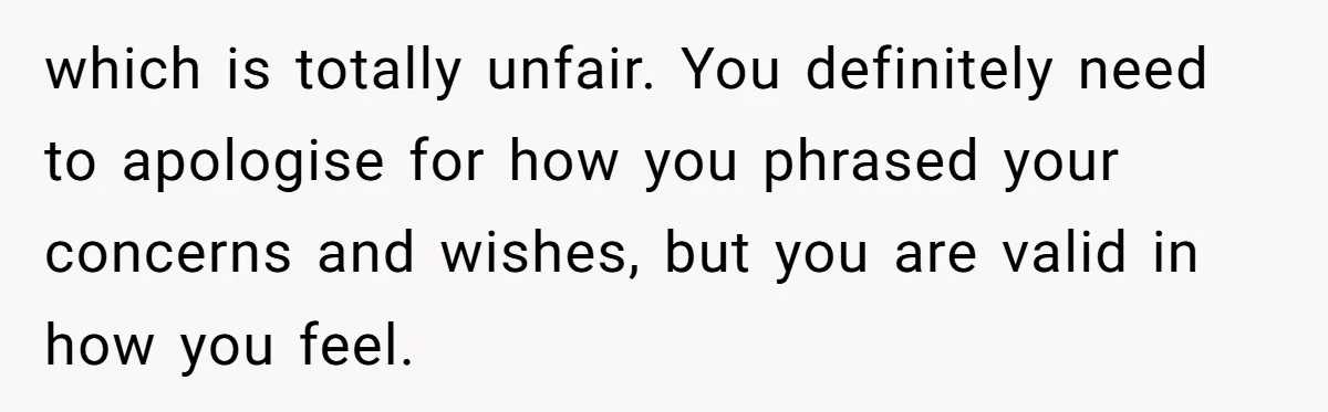 which is totally unfair. You definitely need to apologise for how you phrased your concerns and wishes, but you are valid in how you feel.