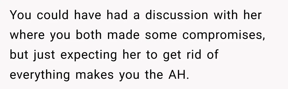You could have had a discussion with her where you both made some compromises, but just expecting her to get rid of everything makes you the AH.