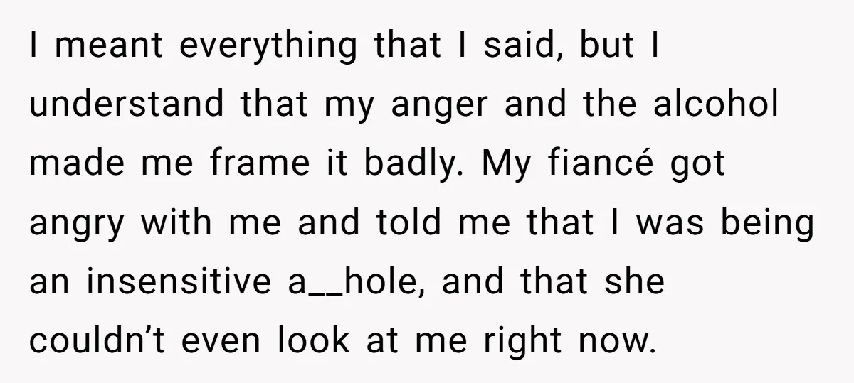 I meant everything that I said, but I understand that my anger and the alcohol made me frame it badly. My fiancé got angry with me and told me that...
