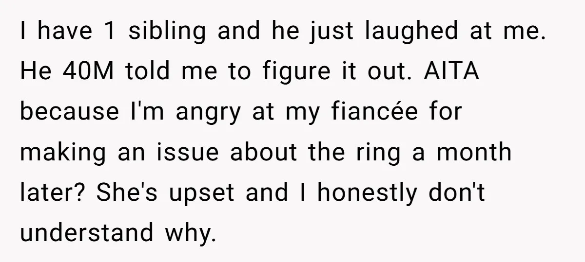 I have 1 sibling and he just laughed at me. He 40M told me to figure it out. AITA because I'm angry at my fiancée for making an issue about...