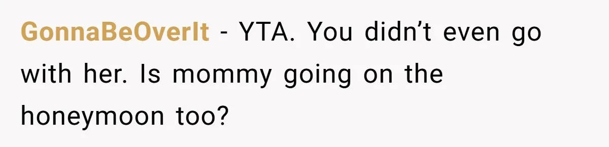 GonnaBeOverIt − YTA. You didn’t even go with her. Is mommy going on the honeymoon too?