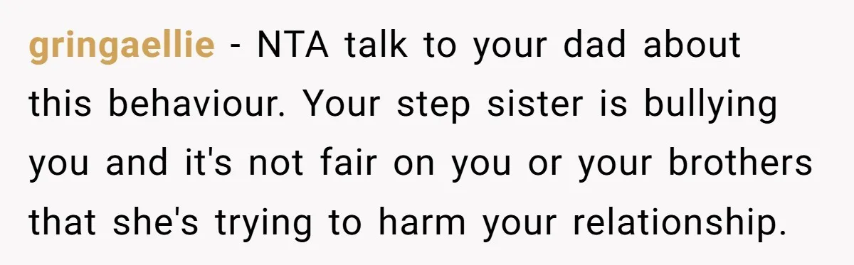 gringaellie − NTA talk to your dad about this behaviour. Your step sister is bullying you and it's not fair on you or your brothers that she's trying to harm...