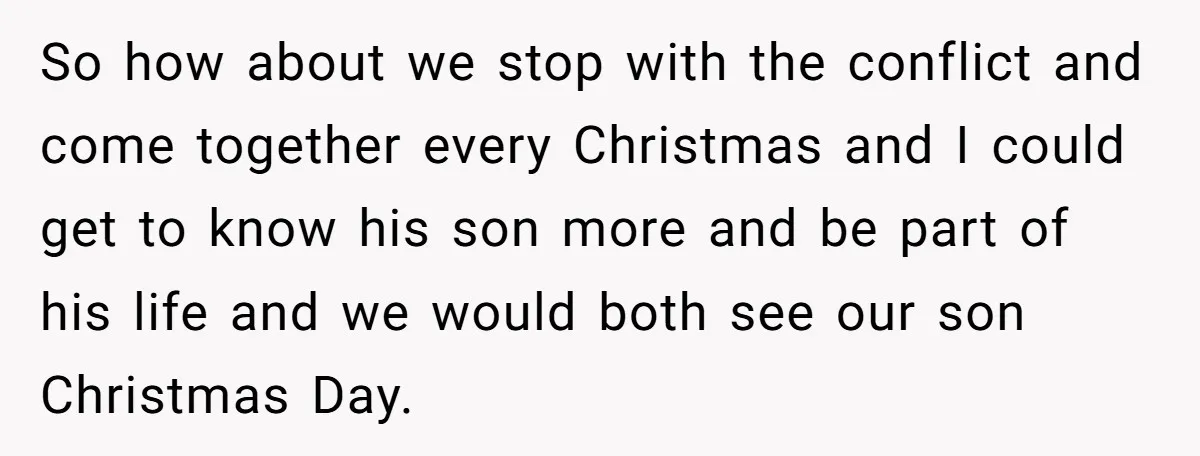 So how about we stop with the conflict and come together every Christmas and I could get to know his son more and be part of his life and we...
