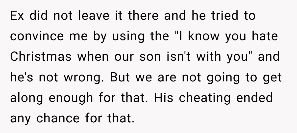 Ex did not leave it there and he tried to convince me by using the "I know you hate Christmas when our son isn't with you" and he's not wrong....