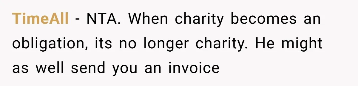 TimeAll − NTA. When charity becomes an obligation, its no longer charity. He might as well send you an invoice