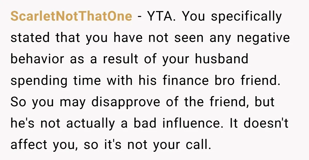 ScarletNotThatOne − YTA. You specifically stated that you have not seen any negative behavior as a result of your husband spending time with his finance bro friend. So you may...