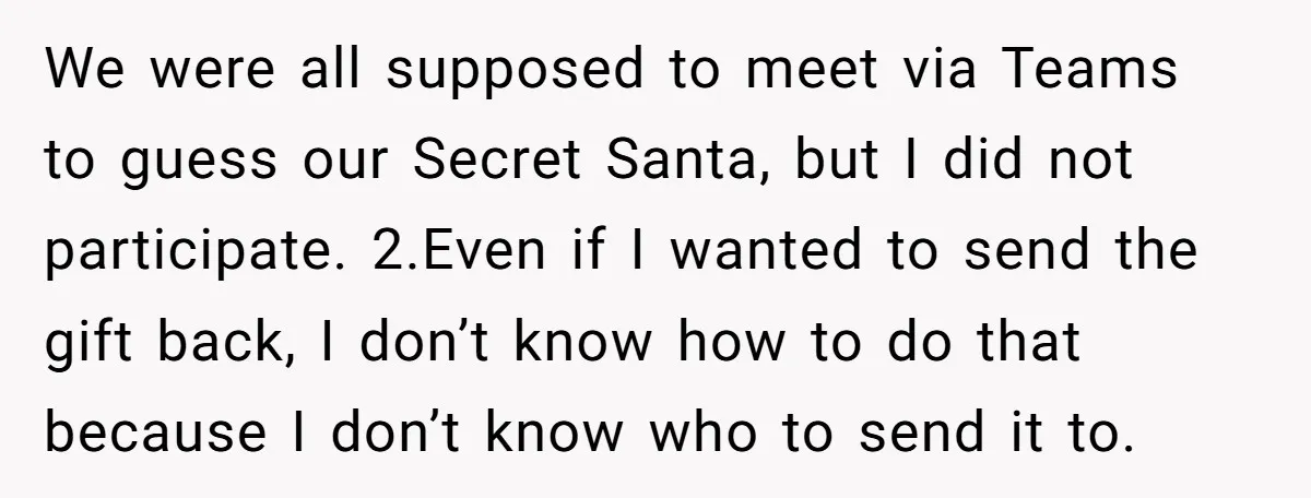 We were all supposed to meet via Teams to guess our Secret Santa, but I did not participate. 2.Even if I wanted to send the gift back, I don’t know...