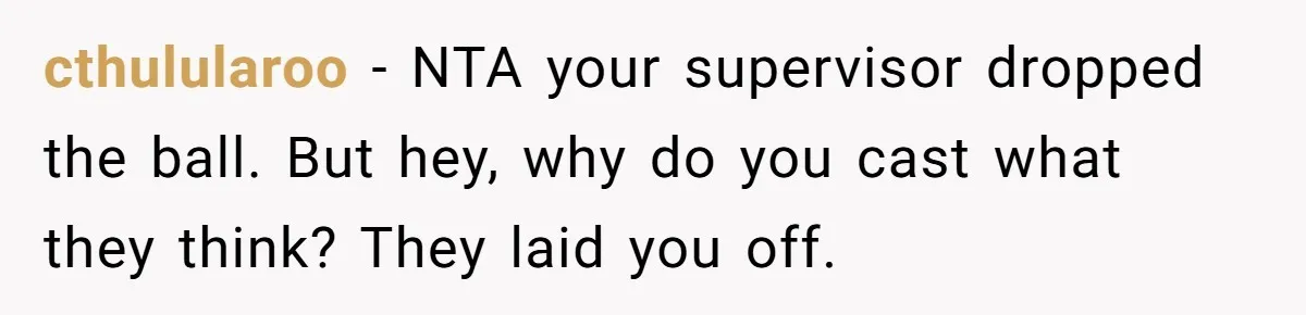 cthulularoo − NTA your supervisor dropped the ball. But hey, why do you cast what they think? They laid you off.