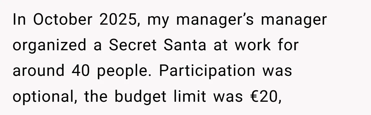 In October 2025, my manager’s manager organized a Secret Santa at work for around 40 people. Participation was optional, the budget limit was €20,