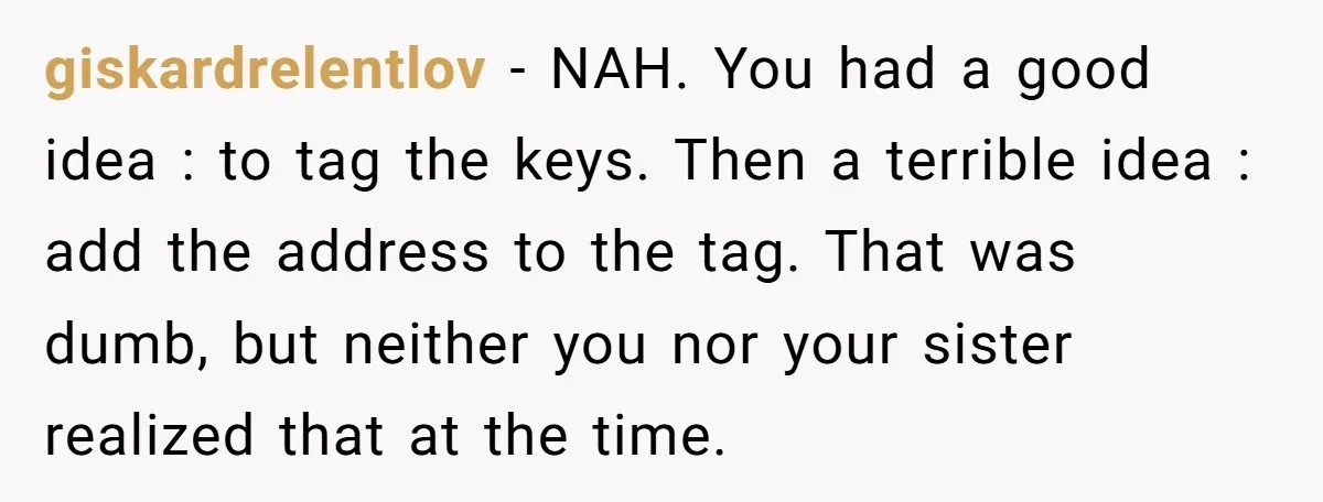 giskardrelentlov − NAH. You had a good idea : to tag the keys. Then a terrible idea : add the address to the tag. That was dumb, but neither you...