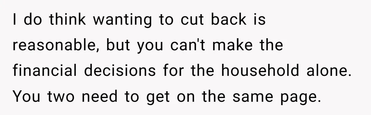 I do think wanting to cut back is reasonable, but you can't make the financial decisions for the household alone. You two need to get on the same page.