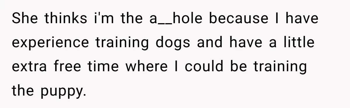 She thinks i'm the a__hole because I have experience training dogs and have a little extra free time where I could be training the puppy.