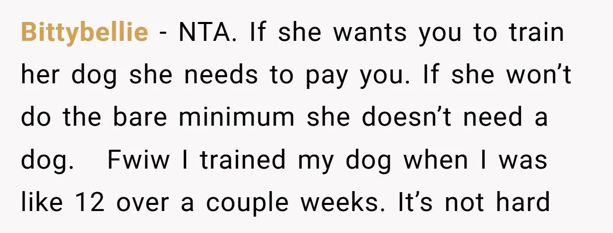 Bittybellie − NTA. If she wants you to train her dog she needs to pay you. If she won’t do the bare minimum she doesn’t need a dog. Fwiw I...