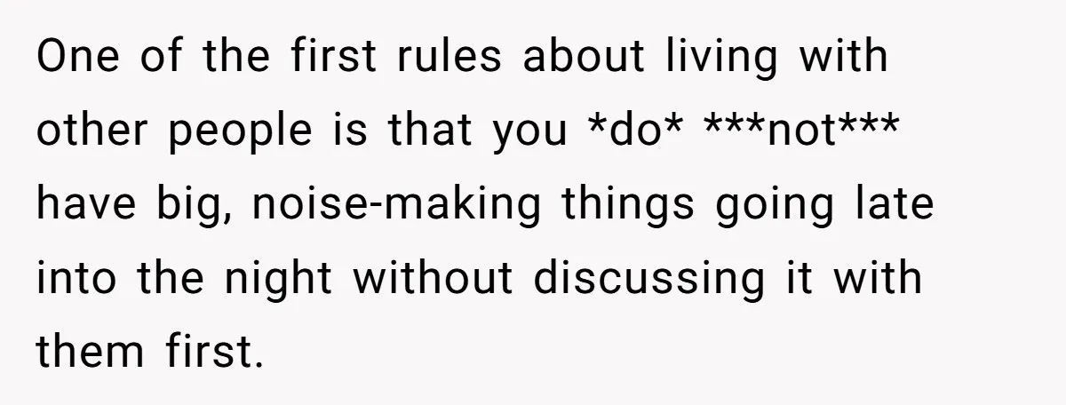 One of the first rules about living with other people is that you *do* ***not*** have big, noise-making things going late into the night without discussing it with them first.