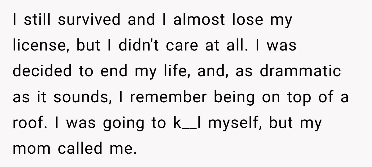I still survived and I almost lose my license, but I didn't care at all. I was decided to end my life, and, as drammatic as it sounds, I remember...