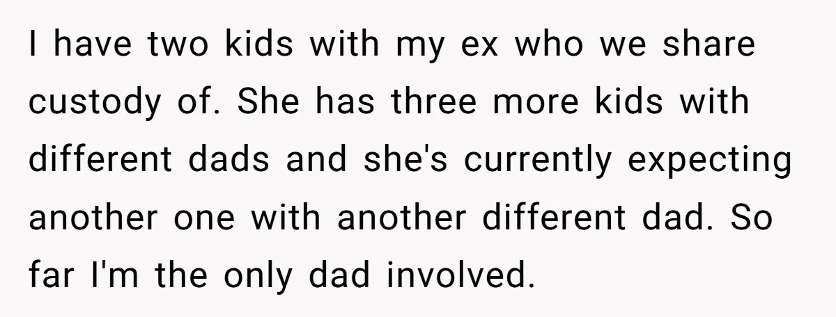 I have two kids with my ex who we share custody of. She has three more kids with different dads and she's currently expecting another one with another different dad....