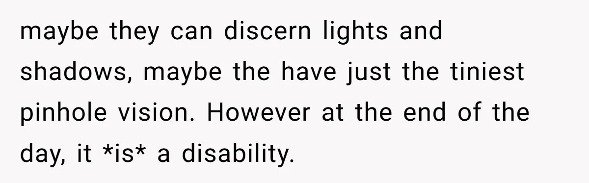 maybe they can discern lights and shadows, maybe the have just the tiniest pinhole vision. However at the end of the day, it *is* a disability.