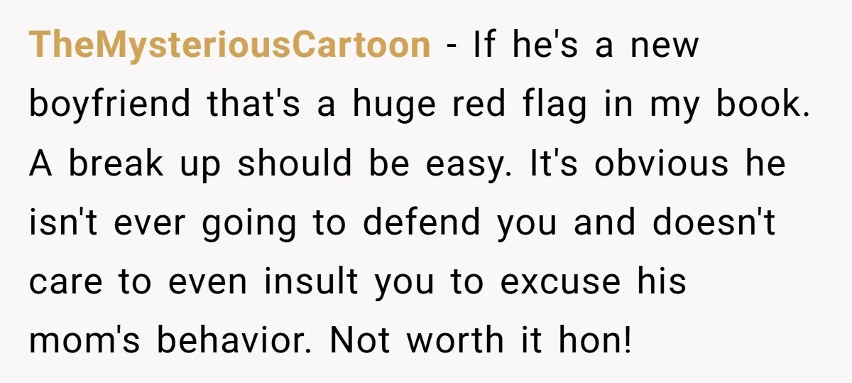 TheMysteriousCartoon − If he's a new boyfriend that's a huge red flag in my book. A break up should be easy. It's obvious he isn't ever going to defend you...