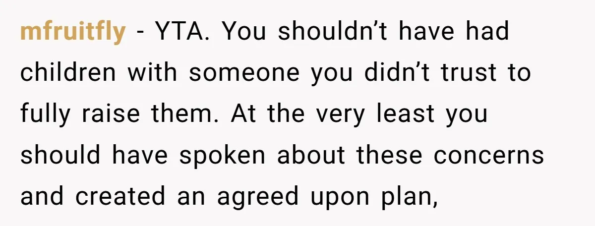 mfruitfly − YTA. You shouldn’t have had children with someone you didn’t trust to fully raise them. At the very least you should have spoken about these concerns and created...