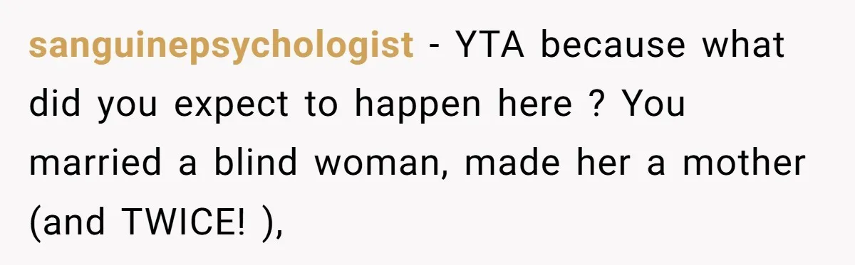 sanguinepsychologist − YTA because what did you expect to happen here ? You married a blind woman, made her a mother (and TWICE! ),