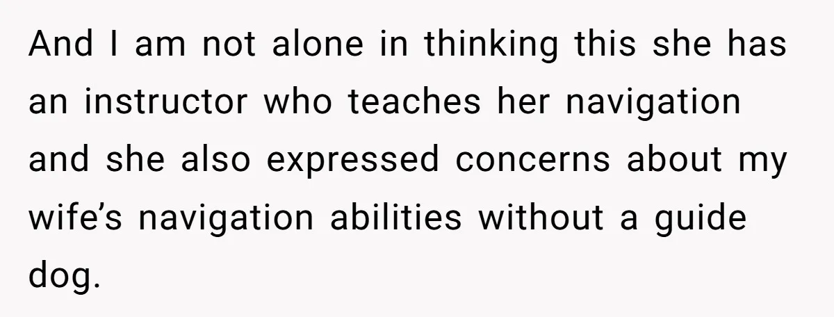 And I am not alone in thinking this she has an instructor who teaches her navigation and she also expressed concerns about my wife’s navigation abilities without a guide dog.