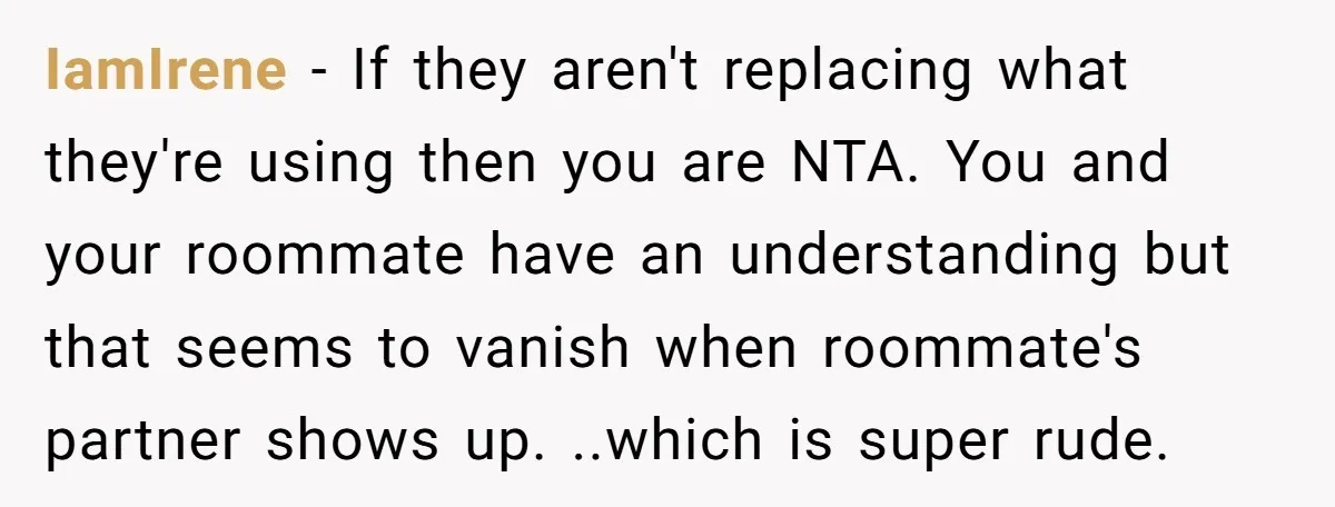 IamIrene − If they aren't replacing what they're using then you are NTA. You and your roommate have an understanding but that seems to vanish when roommate's partner shows up....