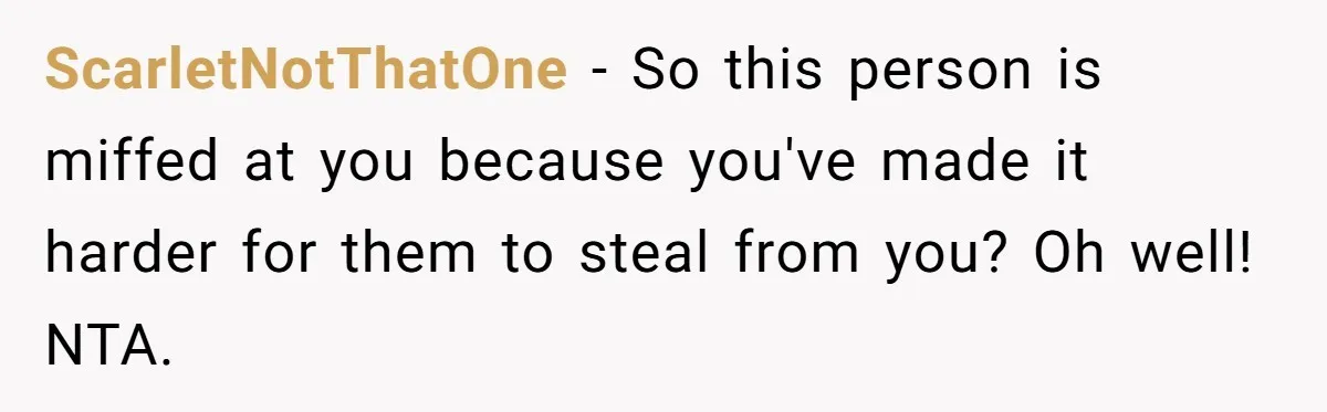 ScarletNotThatOne − So this person is miffed at you because you've made it harder for them to steal from you? Oh well! NTA.