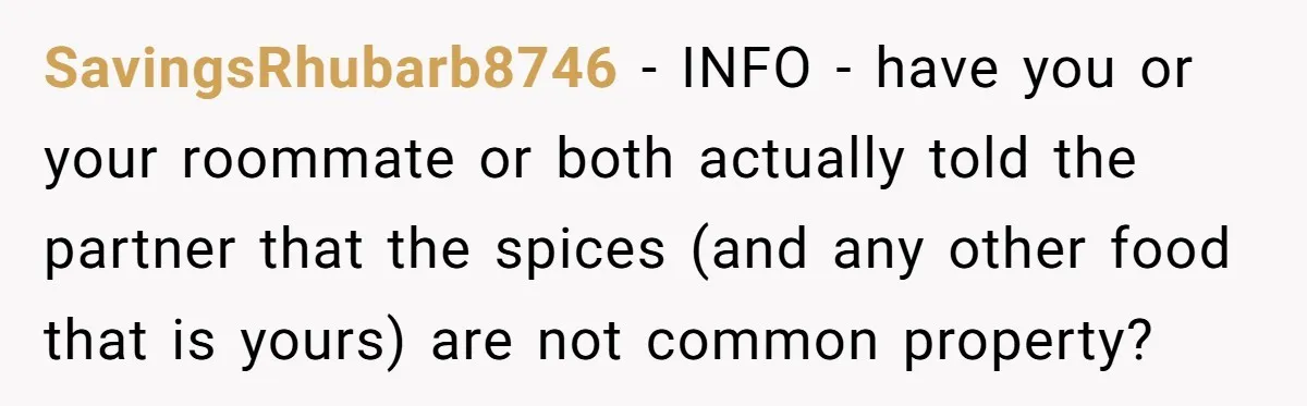 SavingsRhubarb8746 − INFO - have you or your roommate or both actually told the partner that the spices (and any other food that is yours) are not common property?