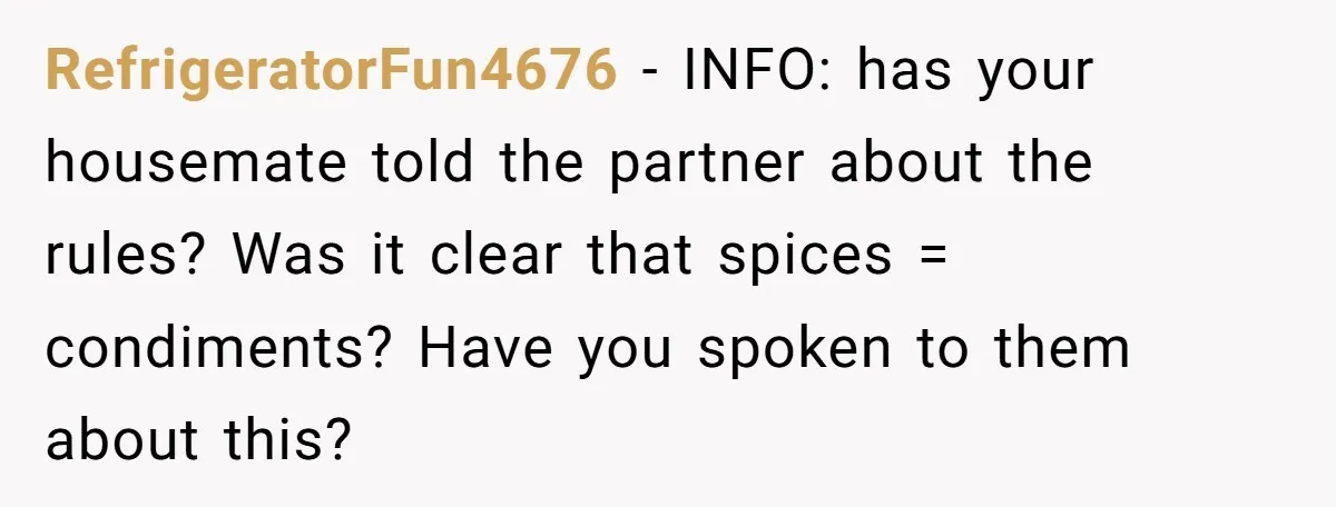 RefrigeratorFun4676 − INFO: has your housemate told the partner about the rules? Was it clear that spices = condiments? Have you spoken to them about this?
