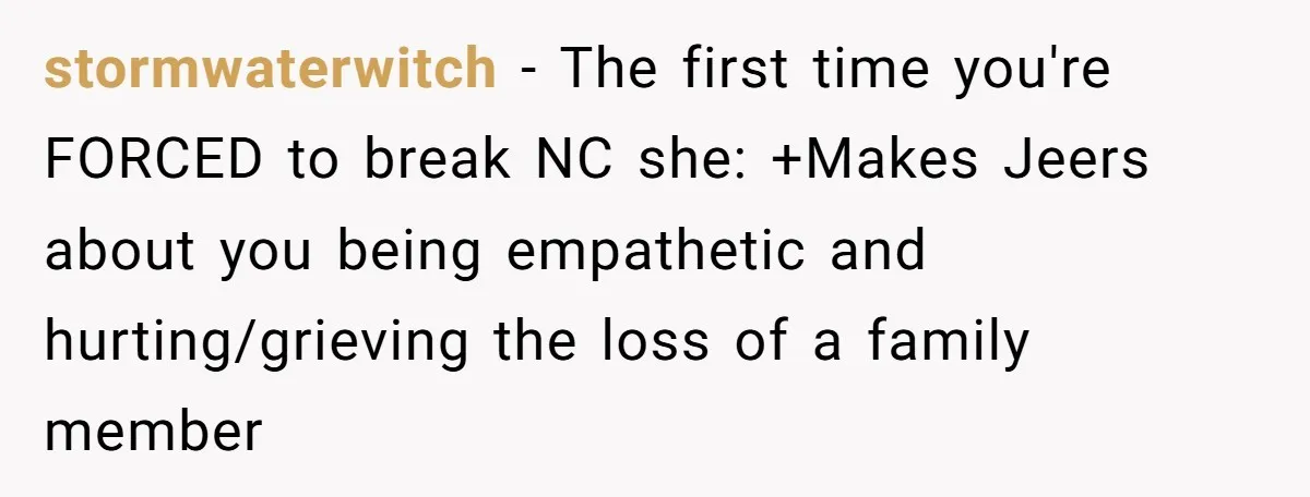stormwaterwitch − The first time you're FORCED to break NC she: +Makes Jeers about you being empathetic and hurting/grieving the loss of a family member