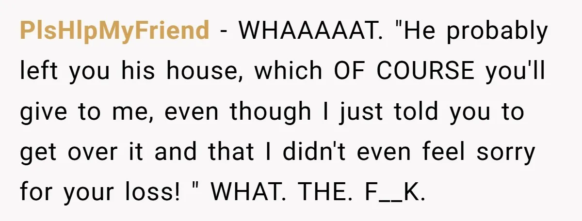 PlsHlpMyFriend − WHAAAAAT. "He probably left you his house, which OF COURSE you'll give to me, even though I just told you to get over it and that I didn't...
