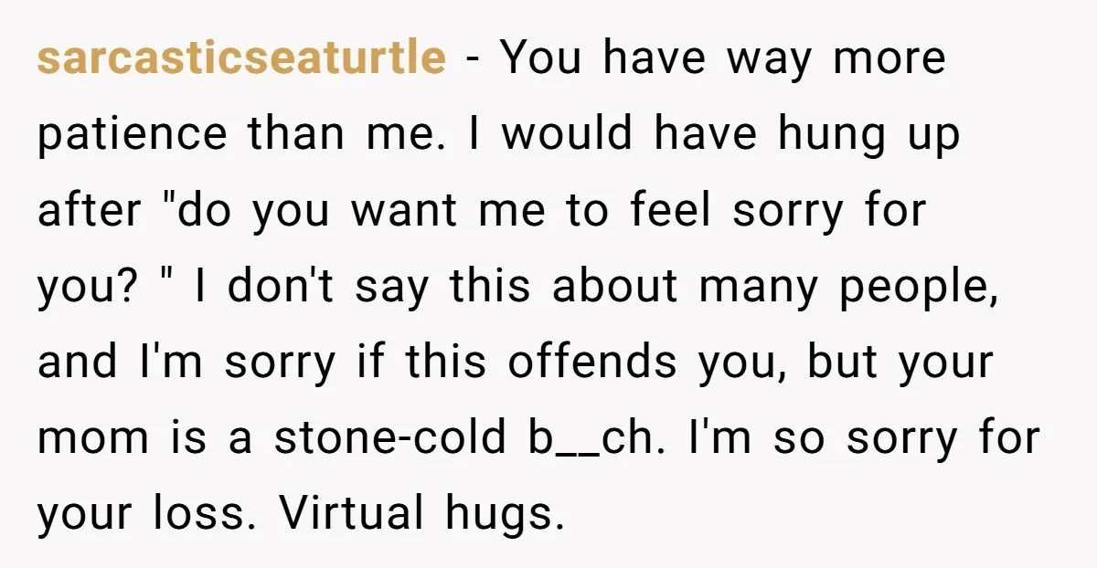 sarcasticseaturtle − You have way more patience than me. I would have hung up after "do you want me to feel sorry for you? " I don't say this about...