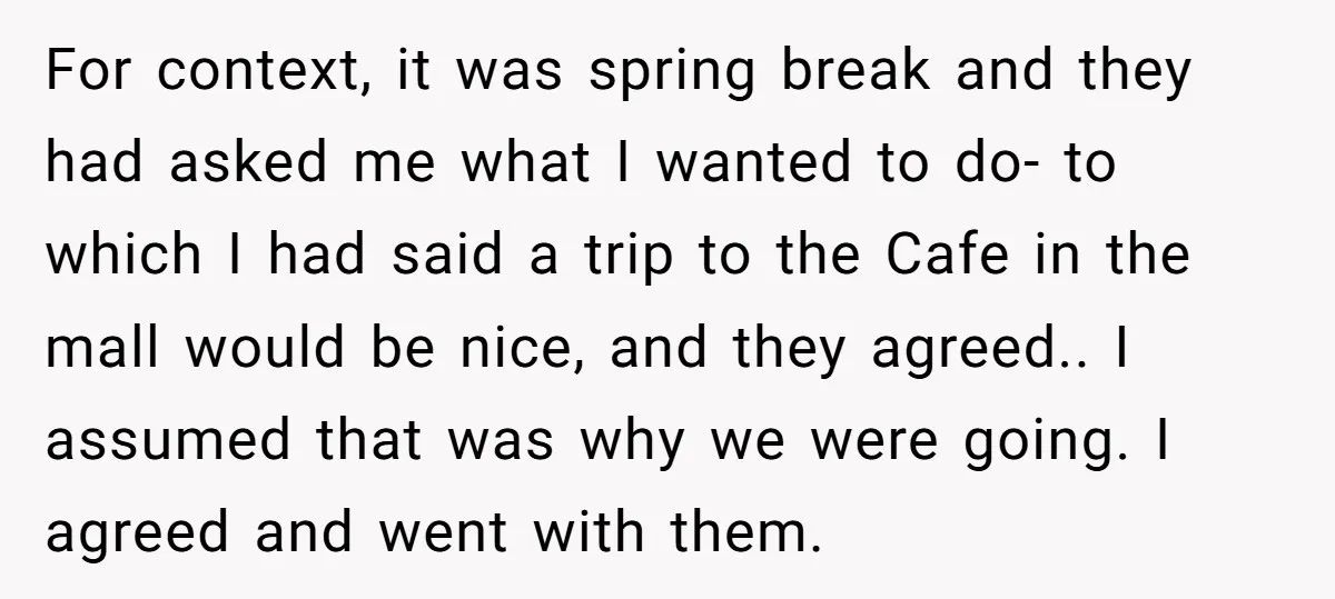 For context, it was spring break and they had asked me what I wanted to do- to which I had said a trip to the Cafe in the mall would...
