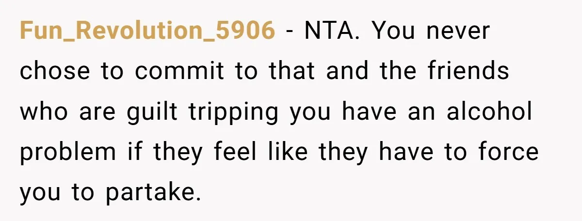 Fun_Revolution_5906 − NTA. You never chose to commit to that and the friends who are guilt tripping you have an alcohol problem if they feel like they have to force...