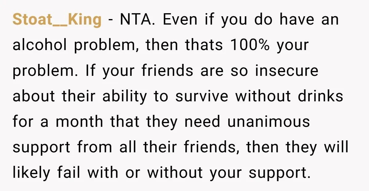 Stoat__King − NTA. Even if you do have an alcohol problem, then thats 100% your problem. If your friends are so insecure about their ability to survive without drinks for...