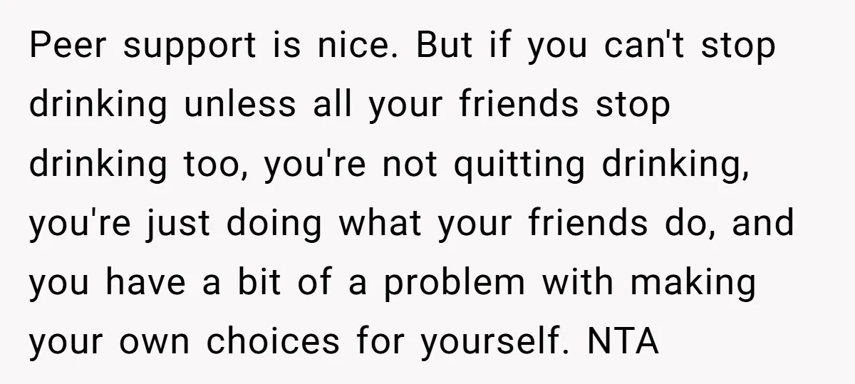 Peer support is nice. But if you can't stop drinking unless all your friends stop drinking too, you're not quitting drinking, you're just doing what your friends do, and you...