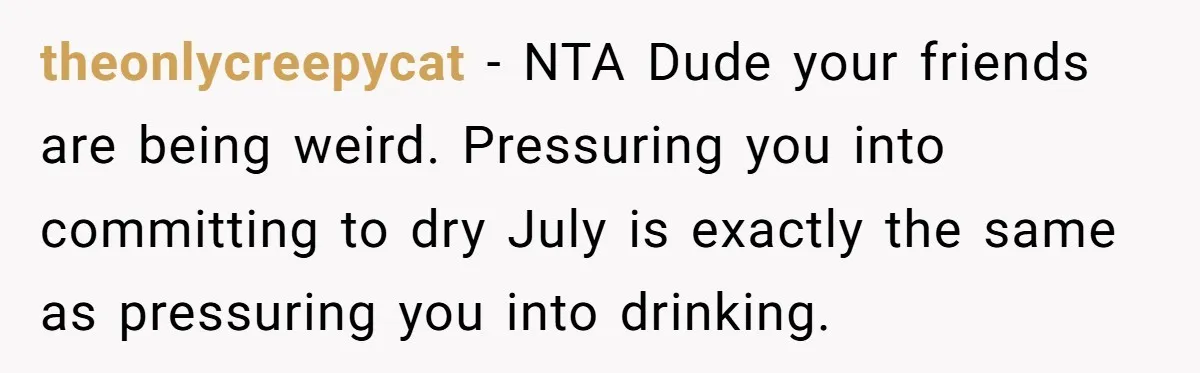 theonlycreepycat − NTA Dude your friends are being weird. Pressuring you into committing to dry July is exactly the same as pressuring you into drinking.